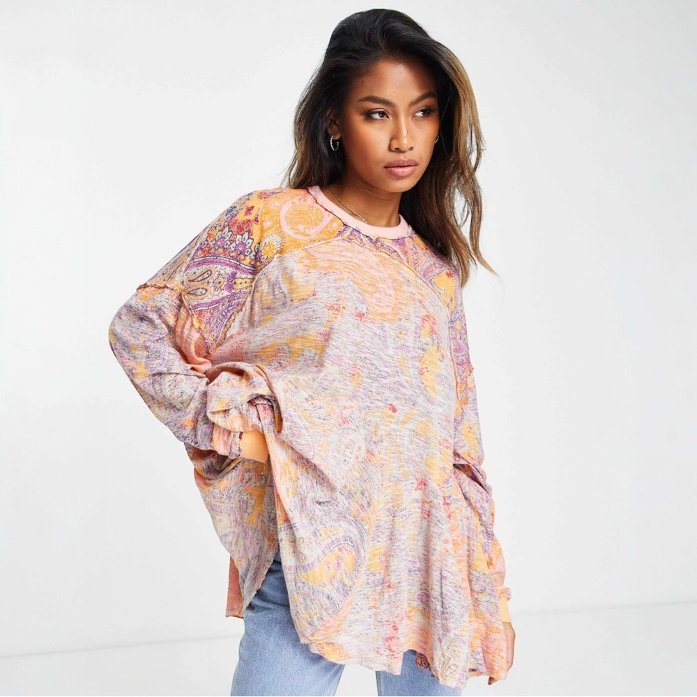 FREE PEOPLE Making Circles Longline T-Shirt in Multi Paisley New With Tags